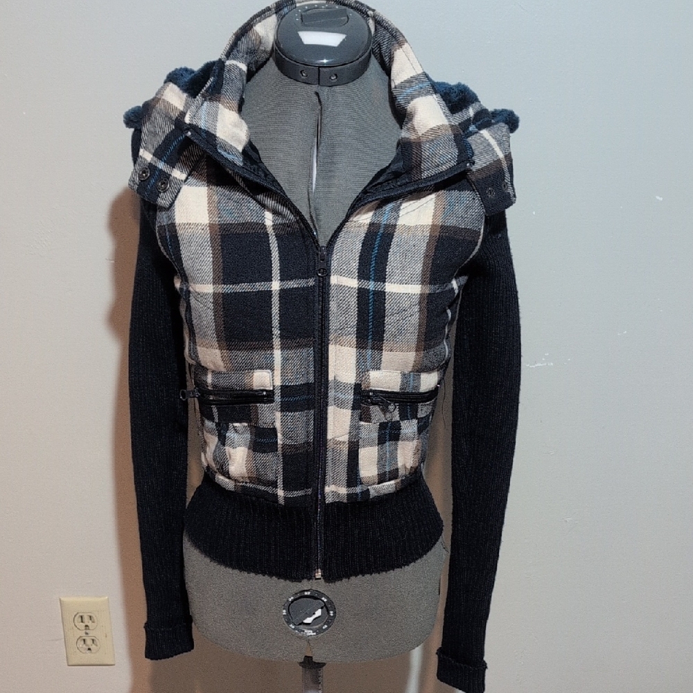 Plaid Hooded Bomber Jacket in Blue and Cream